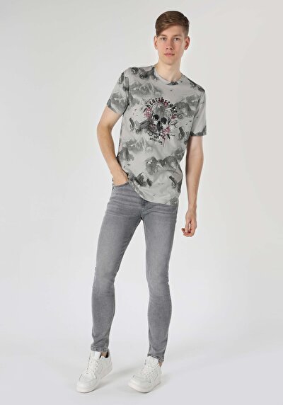 اعرض التفاصيل لـ   رقبة مستديرة مطبوعة رجالي رمادي كم قصير تي شيرت