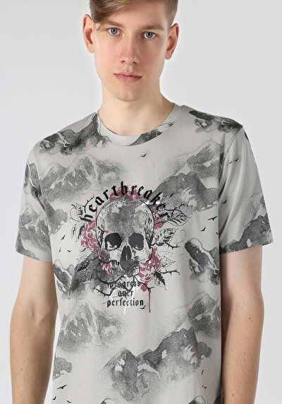 اعرض التفاصيل لـ   رقبة مستديرة مطبوعة رجالي رمادي كم قصير تي شيرت