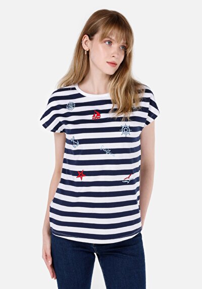 صورة من تي شيرت قصير الأكمام للنساء مخطط باللون الأزرق الداكن