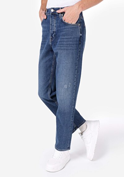 صورة من فضفاض مستقيم الخصر مستقيم الساق الجينز النيلي للرجال