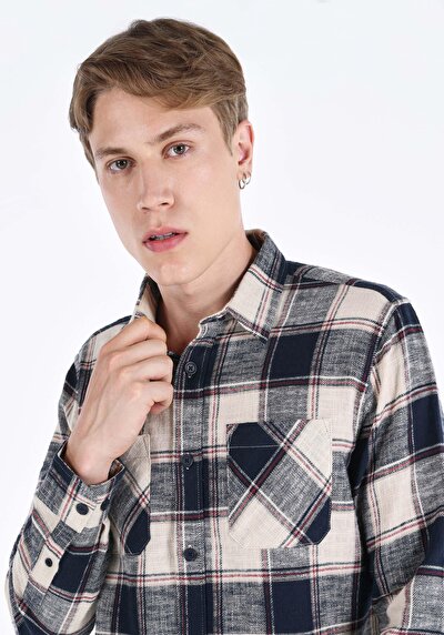 اعرض التفاصيل لـ قميص عادي مقاس رقبة منقوشة رجالي أزرق داكن كم طويل قميص