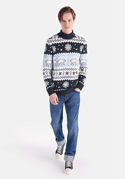 اعرض التفاصيل لـ   رقبة السلحفاة جاكار رجالي كنزة زرقاء داكنة