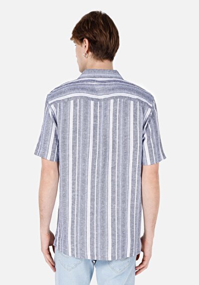 اعرض التفاصيل لـ قميص عادي رقبة مخطط رجالي أزرق كم قصير قميص