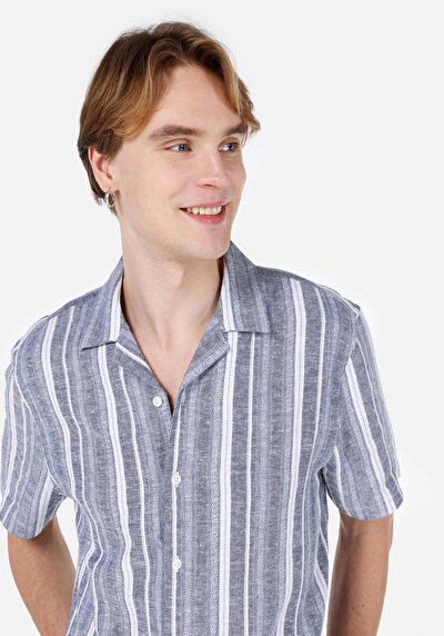 اعرض التفاصيل لـ قميص عادي رقبة مخطط رجالي أزرق كم قصير قميص