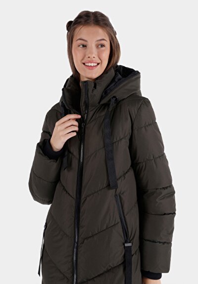 اعرض التفاصيل لـ معطف أخضر نسائي مقنع بسحاب مقنع عادي