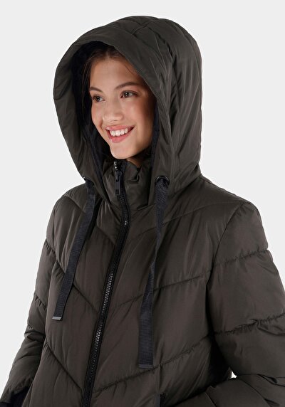 اعرض التفاصيل لـ معطف أخضر نسائي مقنع بسحاب مقنع عادي