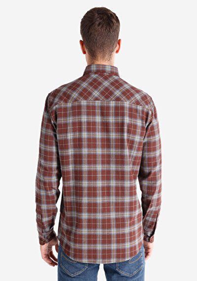 اعرض التفاصيل لـ قميص عادي رقبة منقوشة رجالي بني كم طويل قميص