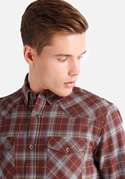 اعرض التفاصيل لـ قميص عادي رقبة منقوشة رجالي بني كم طويل قميص