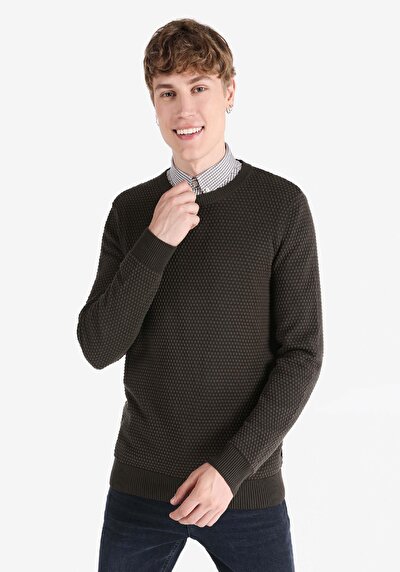 صورة من   رقبة مستديرة جاكار سترة خضراء للرجال