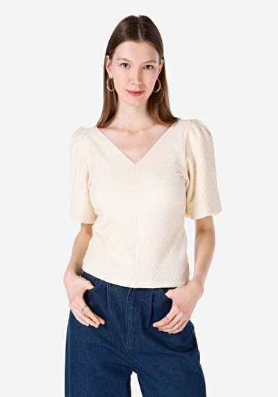 صورة من ضيق قصة على شكل V رقبة مستقيمة نسائي Ecru كم قصير تي شيرت