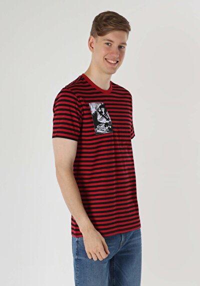 صورة من   رقبة مستديرة مخطط للرجال تي شيرت أحمر قصير الأكمام