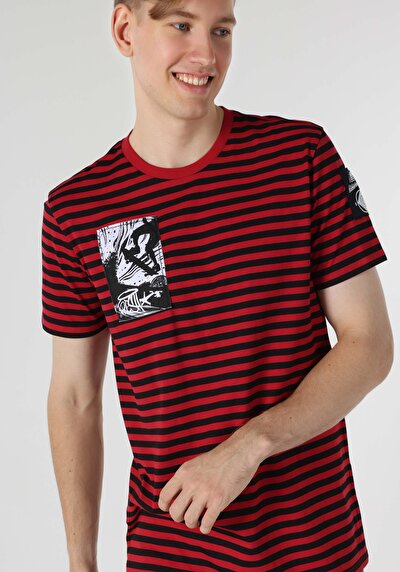 اعرض التفاصيل لـ   رقبة مستديرة مخطط للرجال تي شيرت أحمر قصير الأكمام