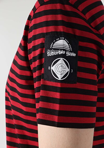 اعرض التفاصيل لـ   رقبة مستديرة مخطط للرجال تي شيرت أحمر قصير الأكمام