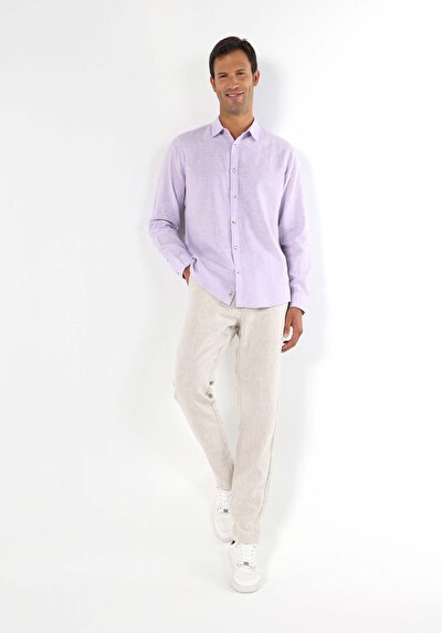 صورة من قميص مريح رقبة مستقيم قميص أرجواني طويل الأكمام للرجال