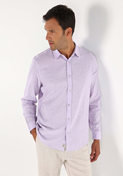 اعرض التفاصيل لـ قميص مريح  رقبة مستقيم قميص أرجواني طويل الأكمام للرجال