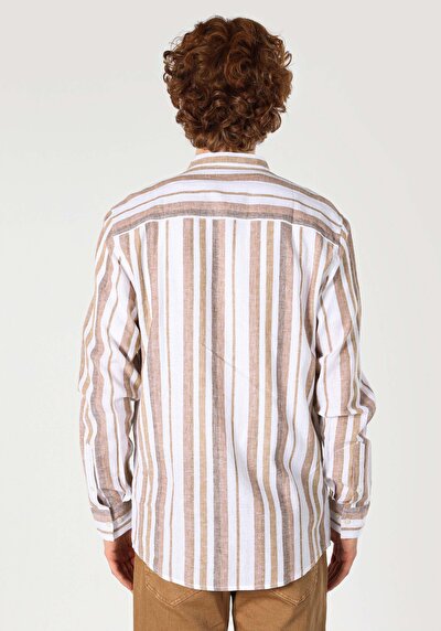 صورة من عادي ياقة مهيمنة مخطط قميص رجالي بيج طويل الأكمام