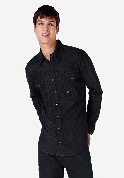 صورة من كبير الحجم  ياقة كلاسيكية مستقيم رجالي أزرق كم طويل قميص