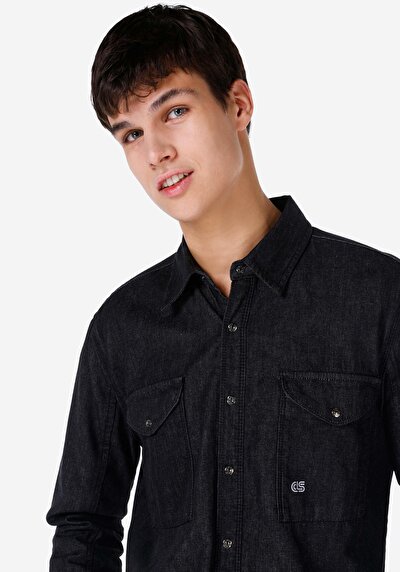 اعرض التفاصيل لـ كبير الحجم  ياقة كلاسيكية مستقيم رجالي أزرق كم طويل قميص