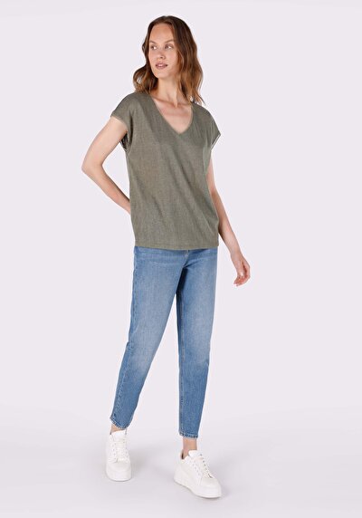 اعرض التفاصيل لـ كاكي للنساء تي شيرت بأكمام قصيرة