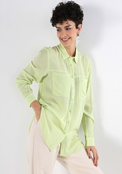 اعرض التفاصيل لـ قميص عادي رقبة مستقيم نسائي أخضر كم طويل قميص