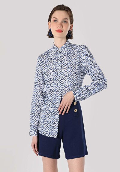 اعرض التفاصيل لـ أزرق للنساء قميص  كم طويل