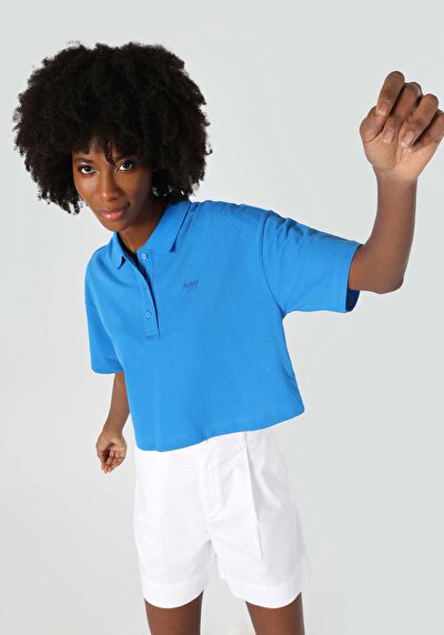 صورة من   بولو رقبة مستقيمة نسائي أزرق كم قصير تي شيرت