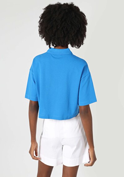 صورة من بولو رقبة مستقيمة نسائي أزرق كم قصير تي شيرت