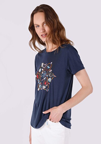 صورة من عادي مقاس رقبة مستديرة مطبوعة نسائية أزرق كحلي كم قصير تي شيرت