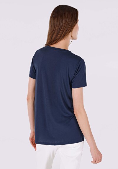 صورة من عادي مقاس رقبة مستديرة مطبوعة نسائية أزرق كحلي كم قصير تي شيرت