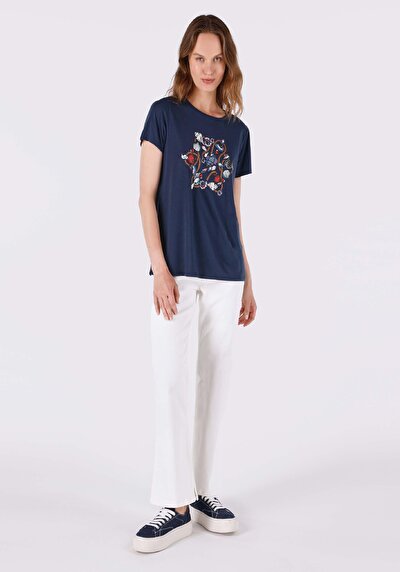 صورة من عادي مقاس رقبة مستديرة مطبوعة نسائية أزرق كحلي كم قصير تي شيرت