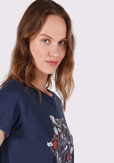 اعرض التفاصيل لـ عادي مقاس رقبة مستديرة مطبوعة نسائية أزرق كحلي كم قصير تي شيرت