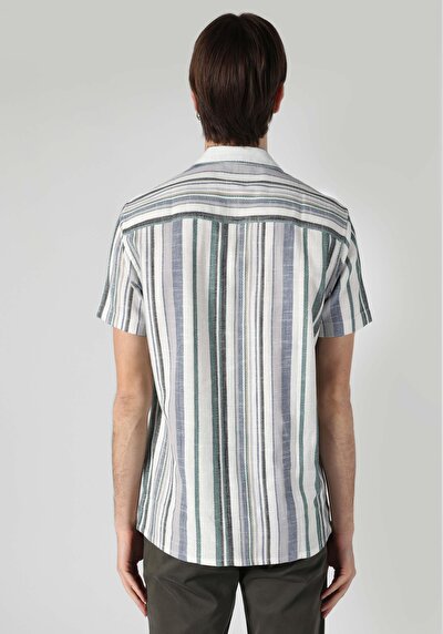 صورة من قميص عادي رقبة مخطط رجالي أخضر كم قصير قميص