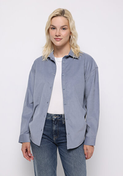 صورة من قميص عادي رقبة مستقيم نسائي أزرق كم طويل قميص