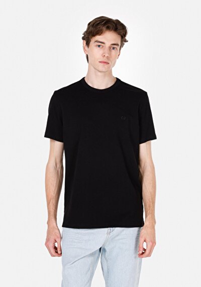 صورة من عادي مقاس رقبة مستديرة مستقيم رجالي أسود كم قصير تي شيرت