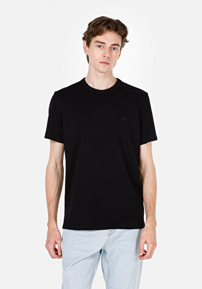 صورة من عادي مقاس رقبة مستديرة مستقيم رجالي أسود كم قصير تي شيرت