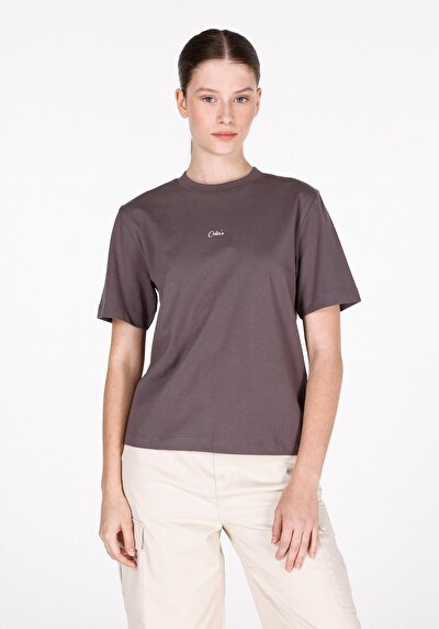 صورة من   رقبة مستديرة مطبوعة نسائية أنثراسايت قصيرة الأكمام تي شيرت