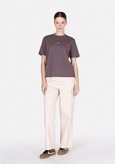 صورة من رقبة مستديرة مطبوعة نسائية أنثراسايت قصيرة الأكمام تي شيرت