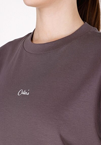 صورة من رقبة مستديرة مطبوعة نسائية أنثراسايت قصيرة الأكمام تي شيرت