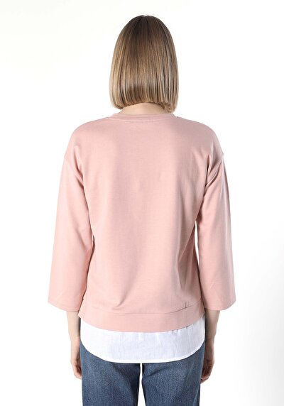 صورة من رقبة مستديرة مطبوعة نسائية وردي 3/4 كم تي شيرت