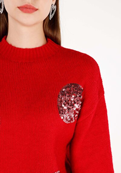 اعرض التفاصيل لـ   رقبة مستديرة مطرزة سترة حمراء نسائية