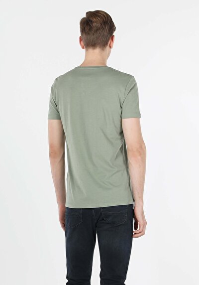 صورة من ضيق قصة V رقبة مستقيمة رجالي أخضر كم قصير تي شيرت