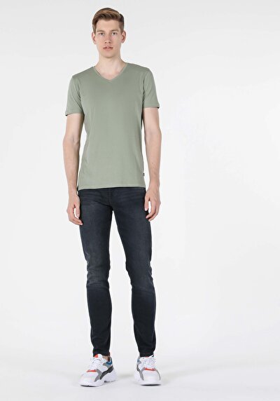 صورة من ضيق قصة V رقبة مستقيمة رجالي أخضر كم قصير تي شيرت