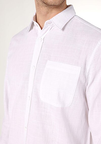 اعرض التفاصيل لـ قميص مريح  رقبة مخطط قميص أبيض بأكمام طويلة للرجال