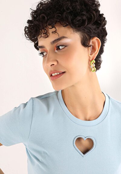 اعرض التفاصيل لـ ضيق  رقبة مستديرة مطرز نسائي أزرق كم قصير تي شيرت