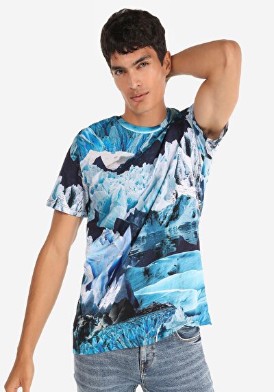 صورة من عادي مقاس رقبة مستديرة رجالي أزرق كم قصير تي شيرت