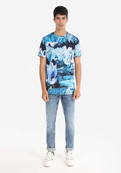 اعرض التفاصيل لـ عادي مقاس رقبة مستديرة رجالي أزرق كم قصير تي شيرت