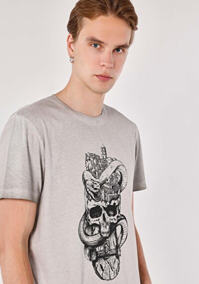 صورة من   رقبة مستديرة مطبوعة رجالي رمادي كم قصير تي شيرت