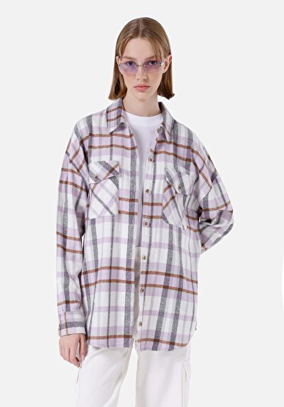 صورة من قميص مريح رقبة منقوشة نسائي أرجواني كم طويل قميص