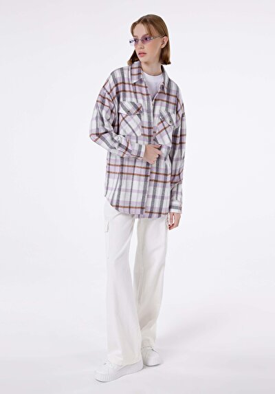 اعرض التفاصيل لـ قميص مريح رقبة منقوشة نسائي أرجواني كم طويل قميص