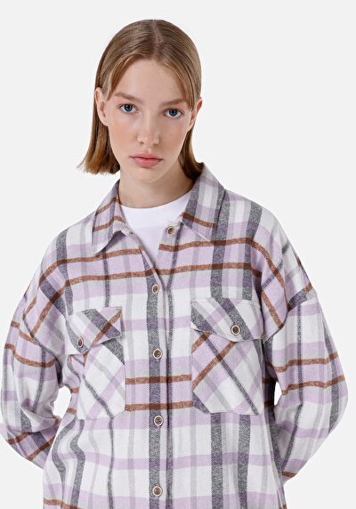 اعرض التفاصيل لـ قميص مريح رقبة منقوشة نسائي أرجواني كم طويل قميص